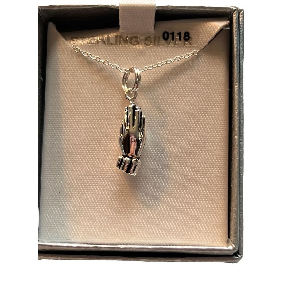 Sterling silver necklace praying hands pendant 18" chain NEW